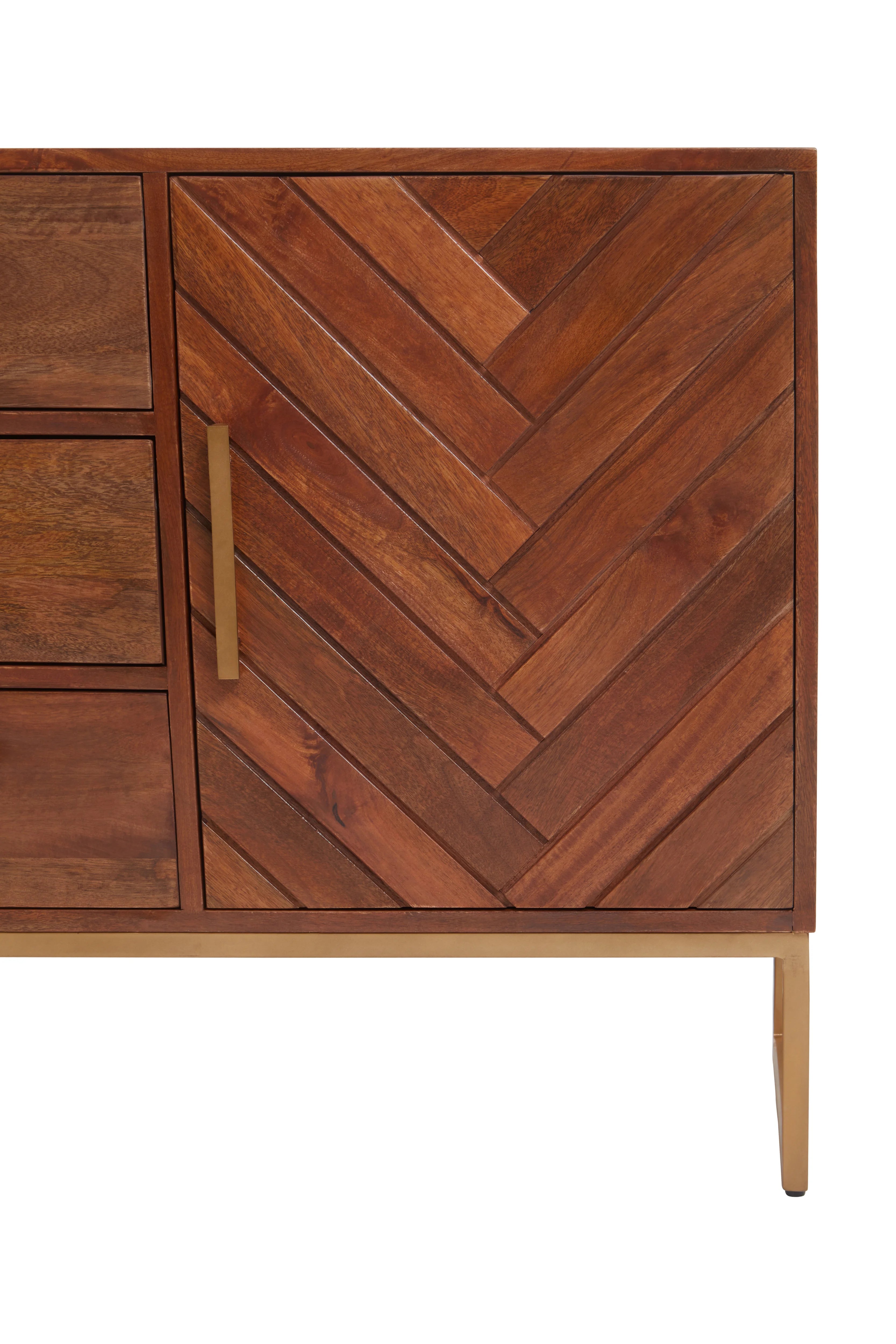 Eddi Herringbone Brown Mango Wood & Gold Sideboard | Small